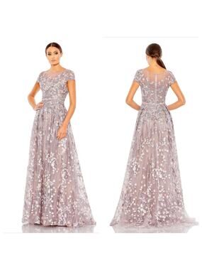 Mac Duggal Lilac Floral Embroidered A-Line Gown | Illusion Neckline Formal Dress